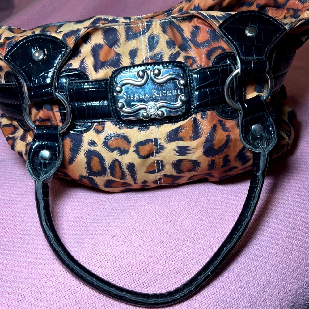 Sienna Ricchi Leopard Print Hobo Bag Black Croc Trim Silver Buckle Y2K Shoulder